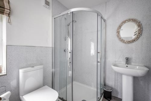 une salle de bains avec douche, toilettes et lavabo dans l'établissement Prince's Cottage, à Thornhill