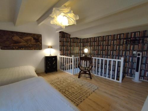 ein Schlafzimmer mit einem Bett und einer Buchwand in der Unterkunft Maison de charme à Chaucre in Chaucre