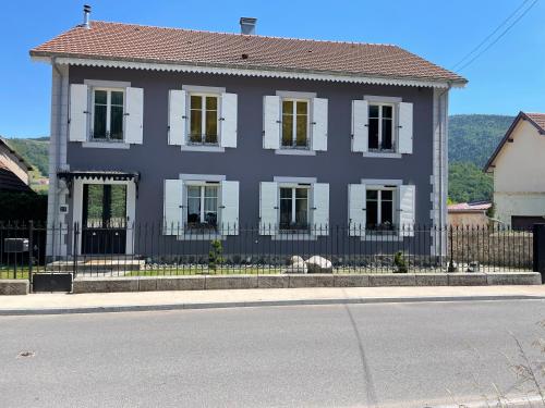 a house with a fence and a dog in front of it at La maison des douceurs in Bussang