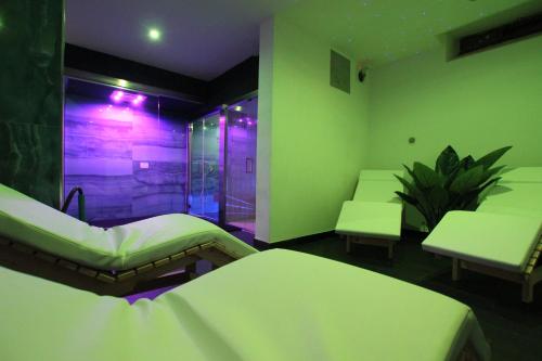 a green room with two beds and a shower at Le Maginot Relais in Castelvetro Piacentino