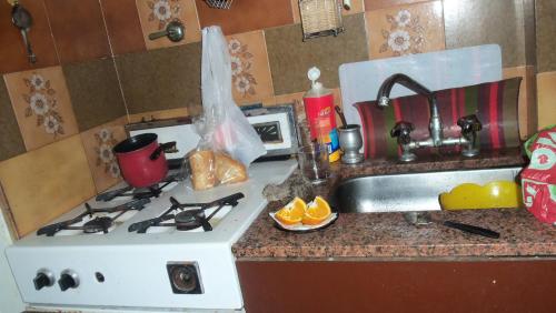 a kitchen counter with a stove and a sink at Quincho la querencia in Apóstoles