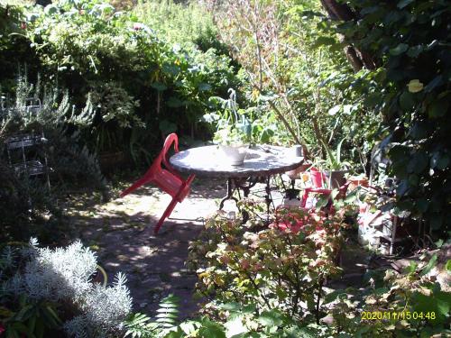 une petite table au milieu d'un jardin dans l'établissement torres, à Villecresnes