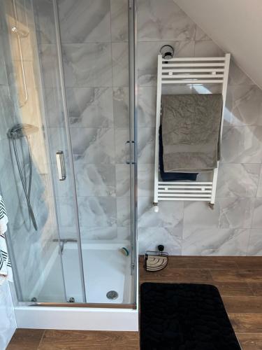 a bathroom with a shower with a glass door at De lux room 