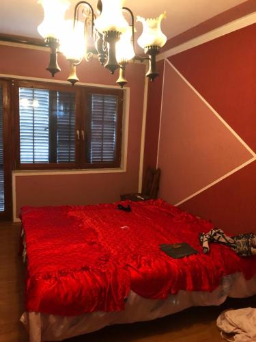 um quarto com uma cama com um edredão vermelho em Slankamen em Stari Slankamen
