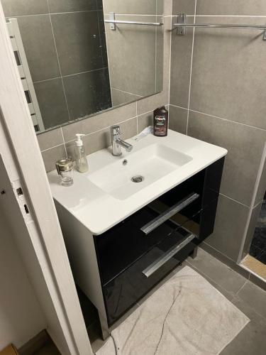 ein Bad mit einem Waschbecken und einem Spiegel in der Unterkunft Mohsen in Drancy