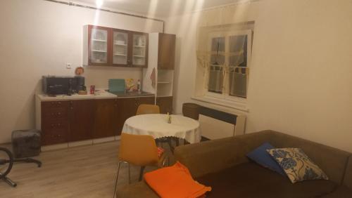 uma sala de estar com um sofá e uma mesa em Skromné ubytování v soukromí em Cheb