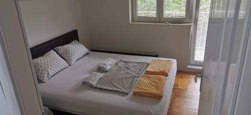 Donja Vrežina的住宿－San snova apartmani Niš，一间卧室配有带毛巾的床
