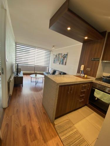 uma cozinha com um balcão e uma sala de estar em Olympus departamentos amoblados em Concepción