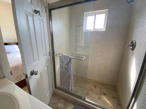 a bathroom with a shower with a glass door at SkylineSuites Lost in Paradise - FA4 in Grand Anse