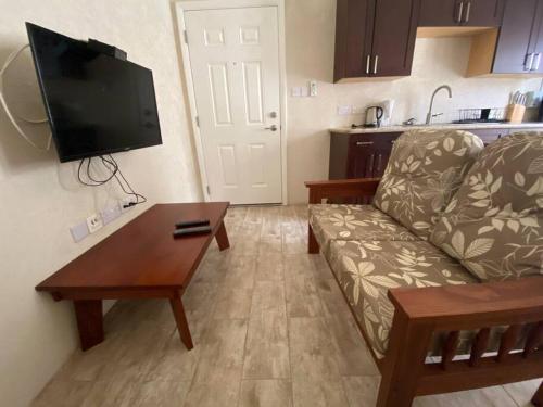 a living room with a couch and a table and a tv at SkylineSuites Lost in Paradise - FA4 in Grand Anse