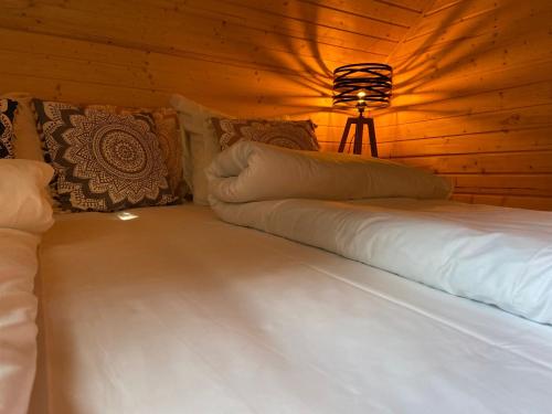 Ένα ή περισσότερα κρεβάτια σε δωμάτιο στο BATS CAVE HUT - Transylvania - Hot-Tub - Sauna