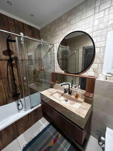 ein Bad mit einem Waschbecken, einer Dusche und einem Spiegel in der Unterkunft Stylish Apartment with garden in Kairo