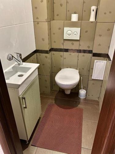 a small bathroom with a toilet and a sink at Apartments KING in Poznań