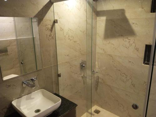 y baño con lavabo y ducha acristalada. en HOTEL NAT GRAND REGENCY LUDHIANA Punjab INDIA, en Ludhiana