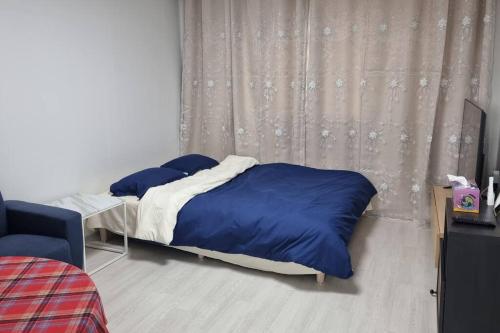 1 dormitorio con cama con almohadas azules y cortina en Pavilla city 401 two bedroom house en Busan