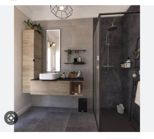 a bathroom with a sink and a shower with a mirror at Maison 2 chambres avec jardin. in Mamoudzou
