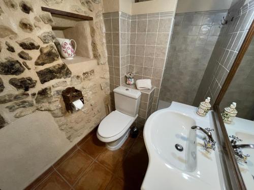 a bathroom with a white toilet and a sink at Casa Lidia - Antigua Posada Real in Valderrobres