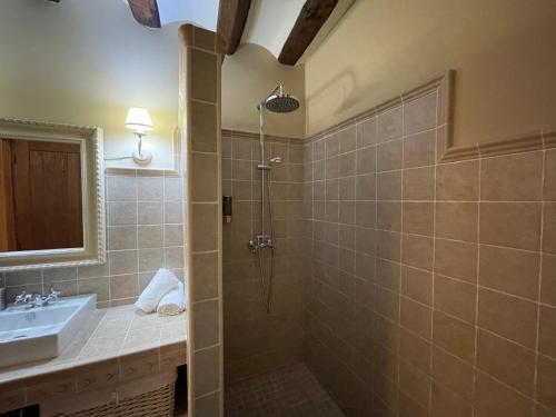 a bathroom with a shower and a sink at Casa Lidia - Antigua Posada Real in Valderrobres