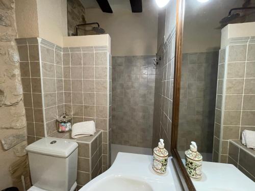 a bathroom with a toilet and a shower and a sink at Casa Lidia - Antigua Posada Real in Valderrobres