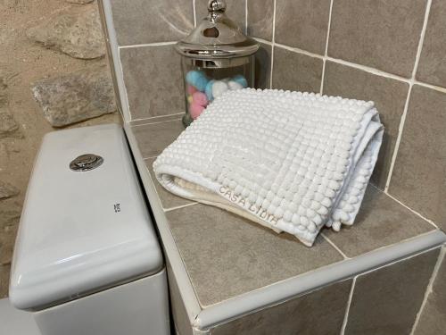 a white towel sitting on a counter next to a toilet at Casa Lidia - Antigua Posada Real in Valderrobres