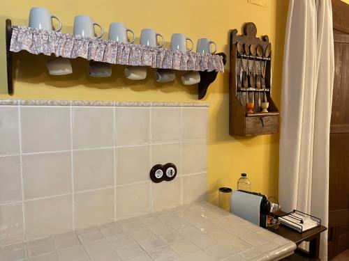 a kitchen with a shelf with cups and spoons at Casa Lidia - Antigua Posada Real in Valderrobres