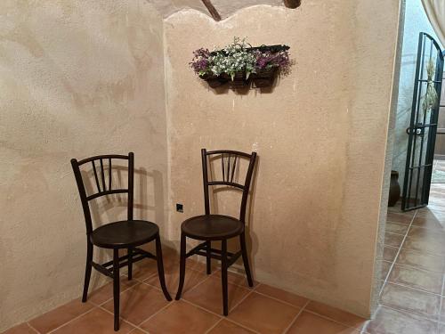 two chairs in a room with a plant on the wall at Casa Lidia - Antigua Posada Real in Valderrobres