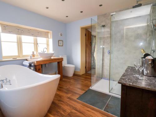 een badkamer met een bad, een douche en een wastafel bij Garreg Wen in Holywell