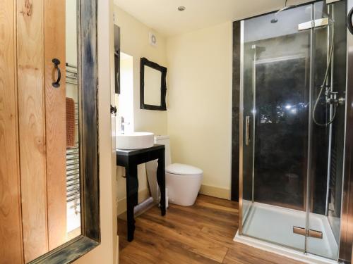a bathroom with a shower and a sink at Garreg Wen in Holywell