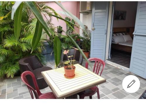 a table with chairs and a potted plant on a patio at 1A - Chambres et Appartements au calme - Centre St Denis - Barachois in Saint-Denis
