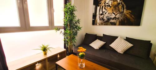 a living room with a couch and a tiger picture at Oshun Plaza Castilla in Madrid