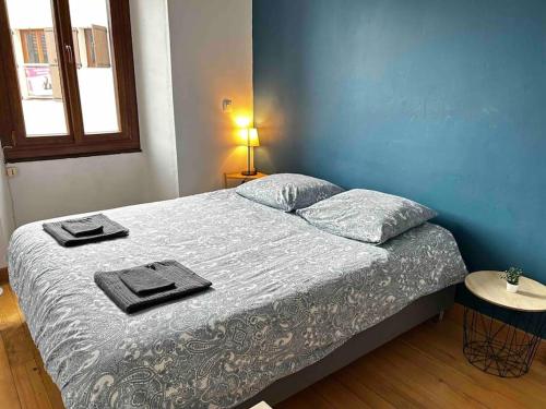 una camera da letto con un letto e due asciugamani di Centre historique de Bonne a Bonne-sur-Ménoge