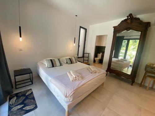 um quarto com uma cama e um espelho grande em CHAMBRE COSY em Santa-Lucia-di-Moriani