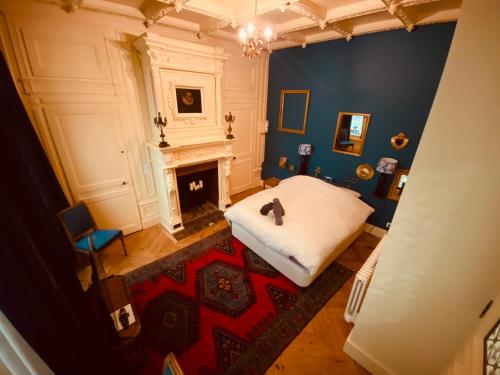 - une vue aérienne sur un salon doté d'une cheminée dans l'établissement Le Royaume des anges - Logement enchanteur centre - 265, à Rouen