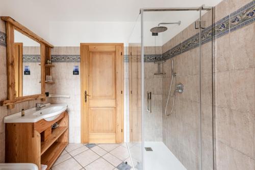a bathroom with a sink and a glass shower at Villetta Val Di Sole in Commezzadura
