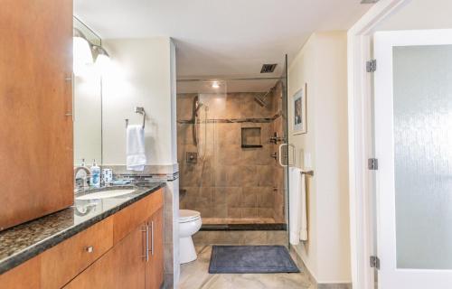 a bathroom with a shower and a sink and a toilet at La Puerta Beautiful Bayfront Condo in St Petersburg