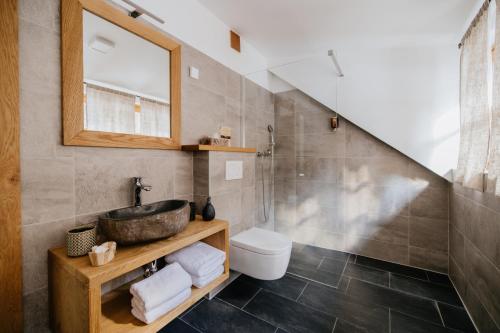 łazienka z umywalką i toaletą w obiekcie Eko hiša-Eco House Na razpotju w mieście Solčava