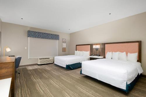 a hotel room with two beds and a screen at Hampton Inn & Suites Harlingen in Harlingen