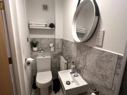 uma casa de banho com um WC, um lavatório e um espelho. em The Quorndon em Kegworth