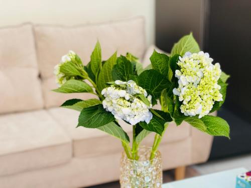 a vase filled with white flowers on a table at Basic Guest House Hải Phòng in Hai Phong