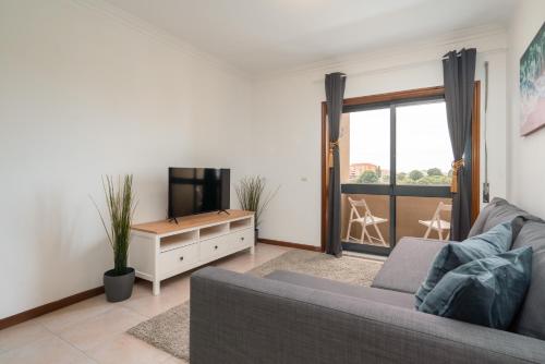 a living room with a couch and a tv at Sunny Cozy Flat w/ Terrace - São João in Porto