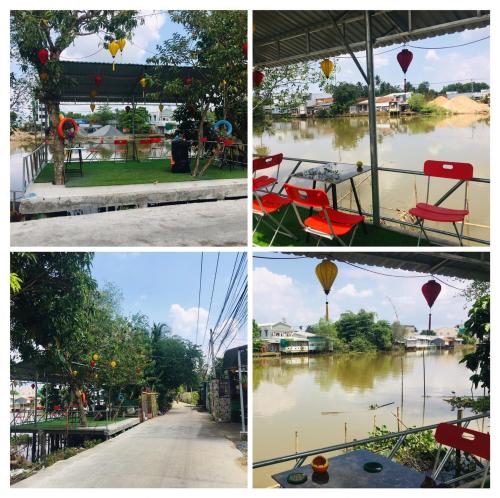 quatre photos différentes d'une rivière avec une chaise rouge dans l'établissement Can Tho Riverside Hostel, à Bình Thủy