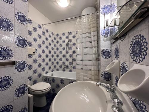 een blauwe en witte badkamer met een wastafel en een toilet bij Trilocale Rendena 035 in Giustino