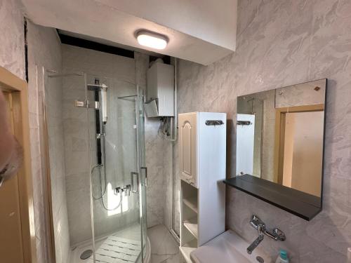 een badkamer met een douche, een wastafel en een spiegel bij Sarajevo fantasy apartment Free Parking in Sarajevo