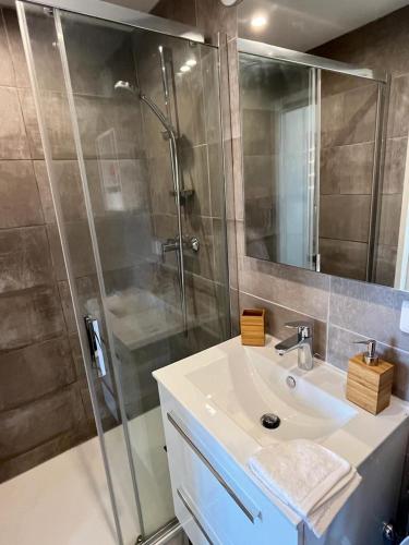 une salle de bain avec une douche et un lavabo et un lavabo dans l'établissement Duplex vieille ville, à Antibes