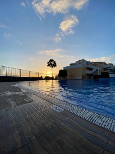 una piscina con una palma e un edificio di Golden Suite Ocean View & Pool a Los Cristianos