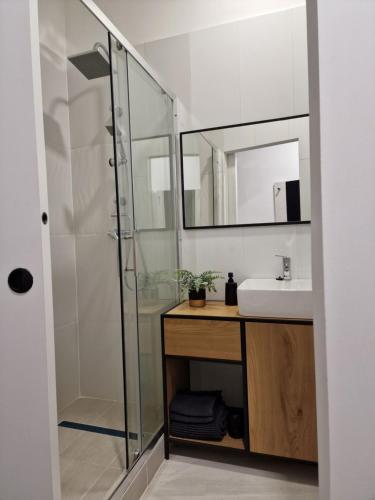a bathroom with a shower and a sink at Schmidt Apartman Miskolc Belvárosában in Miskolc