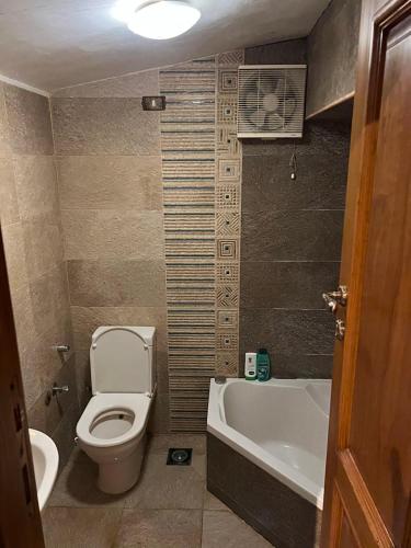 a bathroom with a toilet and a tub and a sink at The GlassHouse Pool in Cairo