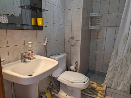 Baño pequeño con aseo y lavamanos en Vila Cabral 1 Bed Apt - Wi-Fi & Air Con Included, en Sal Rei