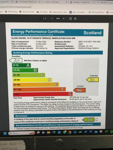 a computer screen with the energy performance certificate on it at Glede Knowe Guest House in Innerleithen