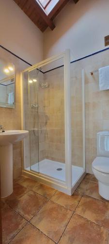a bathroom with a shower with a toilet and a sink at Apartamentos Rurales Argame in Argamé